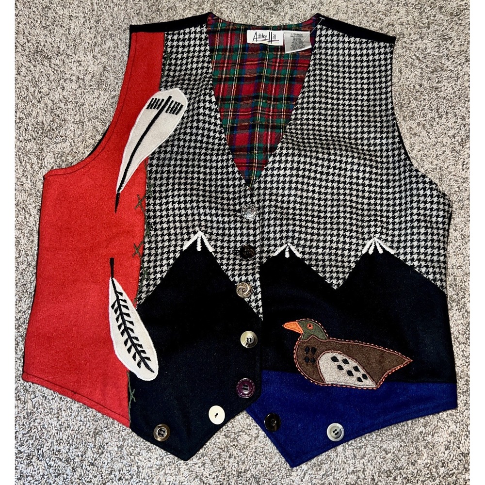 Vintage Large Wool Duck Vest Feather Patchwork Embroidered Eclectic